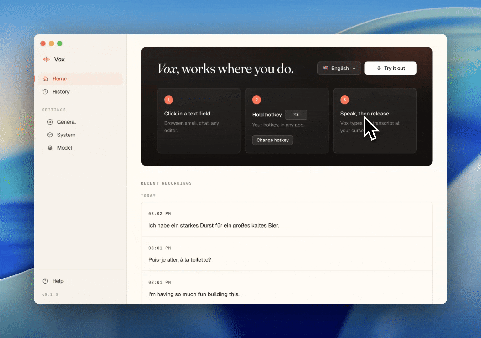 Vox on Mac: home screen with setup steps for dictating into any text field, and recent transcripts in German, French, and English.